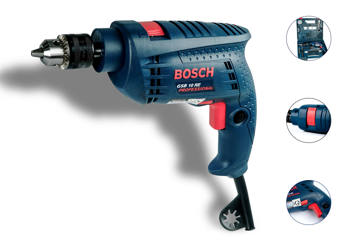 Máy khoan động lực 10mm (valy nhựa, bộ mũi khoan, đầu vít) Bosch GSB 10 RE SET