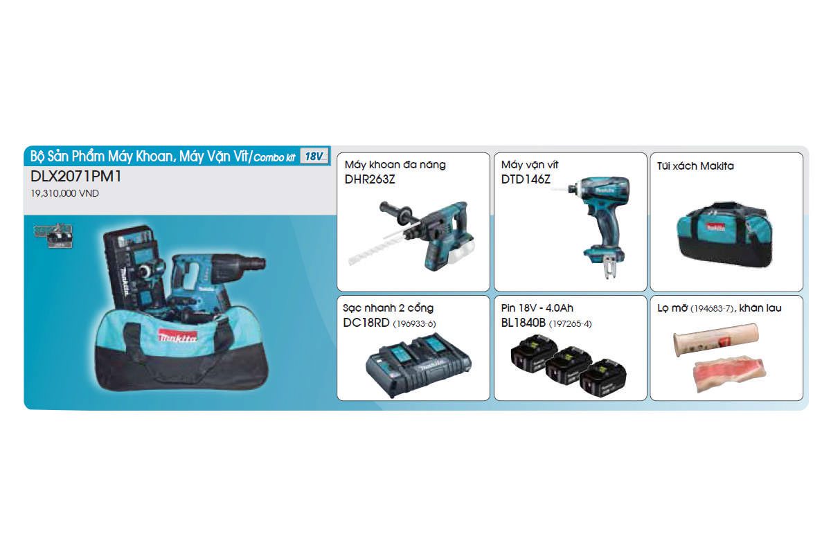 Bộ sản phẩm máy khoan đa năng và máy vặn vít pin 18V Makita DLX2071PM1